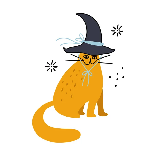 Милая Красная Кошка Остроконечной Шляпе Ведьм Плоская Векторная Иллюстрация Белом — стоковый вектор