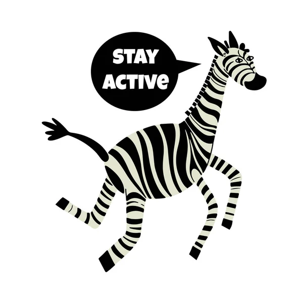 Running Funny Doodle Zebra Met Message Cloud Blijf Actief Vector — Stockvector