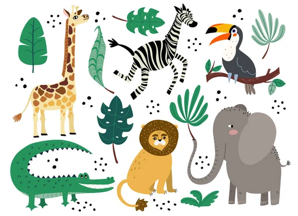 Leuke Afrikaanse Dieren Met Palmbladeren Vector Platte Doodle Stijl — Stockvector