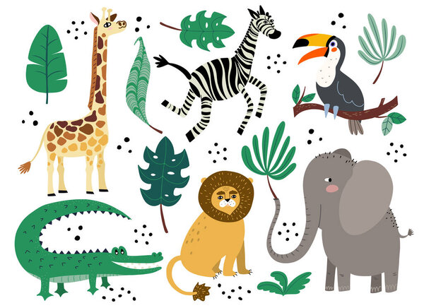 Cute African animals with palm leaves vector set in flat doodle style