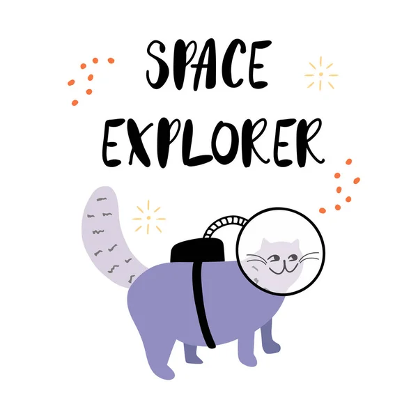 Cute Doodle Cat Spacesuit Hand Drawed Lettering Space Explorer Επίπεδη — Διανυσματικό Αρχείο