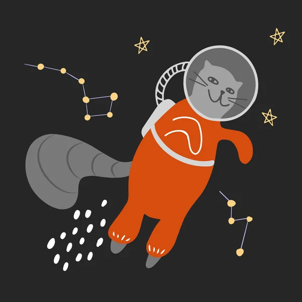 Ilustración Vectorial Con Lindo Gato Astronauta Garabato Espacio — Archivo Imágenes Vectoriales