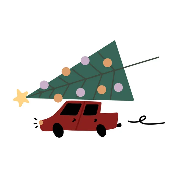 Carino Scarabocchio Auto Rossa Con Albero Natale Sul Tetto Guidando — Vettoriale Stock