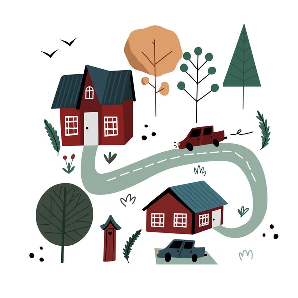 Situé Avec Des Maisons Scandinaves Village Doodle Arbres Route Voitures — Image vectorielle