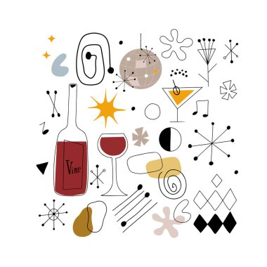 Yüzyılın ortalarında modern tarzda klipsli sanatın vektör seti, beyaz arkaplanda karalama simgeleri. Soyut şekiller ve formlar ve martini, şarap kadehi ve şişe.