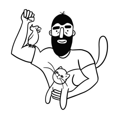 Sakallı güçlü bir adam kedi ve papağan tutuyor, sarılıyor ve gülümsüyor. El çizimi sanat eseri. Hayvanlarla ilgilenen güçlü bir adam kavramı