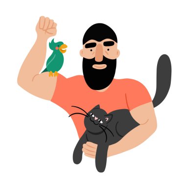 Sakallı güçlü bir adam evcil hayvanlarını tutuyor. Kedi ve papağan, onlara sarılıyor ve gülümsüyor. Hayvanlarla ilgilenen güçlü bir adam kavramı