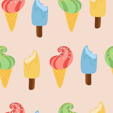 Lezzetli renkli dondurma külahları ve dikişsiz dondurma deseni.