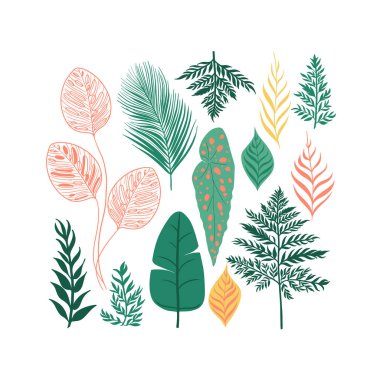 Beyaz arkaplanda el çizimi vektör bitkileri, yapraklar ve dallar