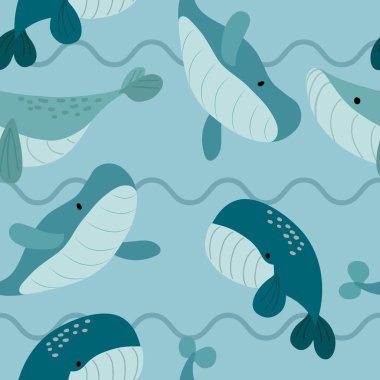 Seamless pattern with cute whales on a blue background with waves clipart