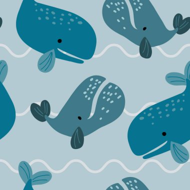 Dalgalı mavi bir arka planda sevimli balinalarla kusursuz desen