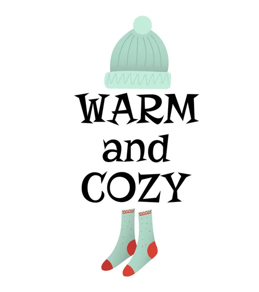 Vector Poster Lettering Warm Cozy Cute Warm Socks Knitted Hat — Stock Vector