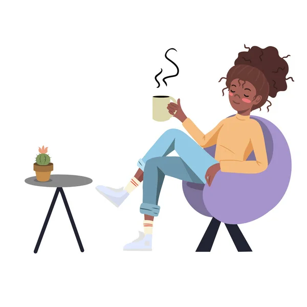 Chica Está Disfrutando Descanso Con Café Sentado Una Silla Cómoda — Vector de stock