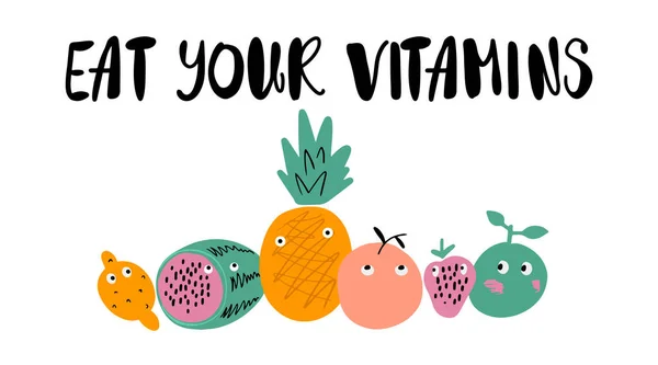 Edd Meg Vitaminok Firka Gyümölcs Arcok Vektor Illusztráció — Stock Vector