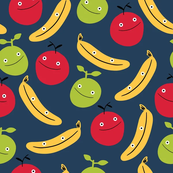 Motif Vectoriel Sans Couture Avec Des Fruits Heureux Banane Pomme — Image vectorielle