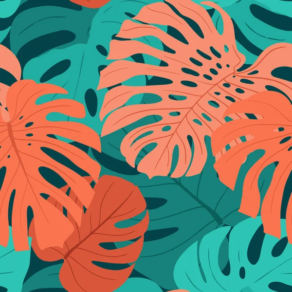 Monstera palmiyesinin parlak mavi, yeşil ve pembe yapraklarıyla kusursuz desen. 
