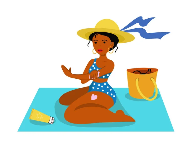 Plaj Havlusu Illüstrasyonunda Oturan Kadın Güneş Kremi Sürüyor — Stok Vektör