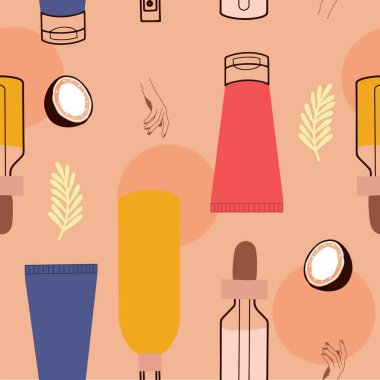 Düz tasarımlı kozmetik tüpler ve malzemelerle kusursuz desen