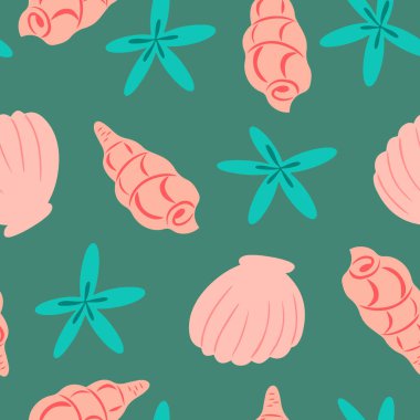 Deniz kabukları ve yıldız balığı yaz temalı vektörlü kusursuz desen