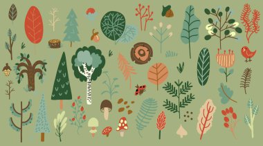 Big vector set of cute forest trees and plants, colorful and isolated clipart