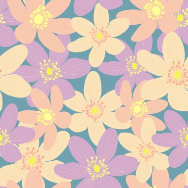 Tarafsız bir arka planda birçok renkli çiçekli, pembe ve menekşeli kusursuz desen