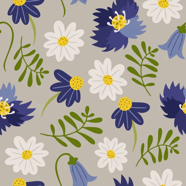 Handgezeichnete Vektor Nahtlose Muster Mit Kornblumen Gänseblümchen Und Blättern — Stockvektor