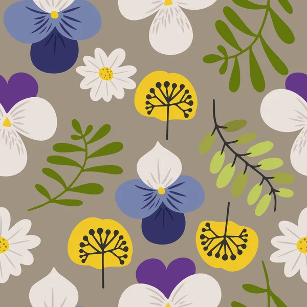 Handgezeichnete Vektor Nahtlose Muster Mit Stiefmütterchen Und Gänseblümchen Blumen — Stockvektor