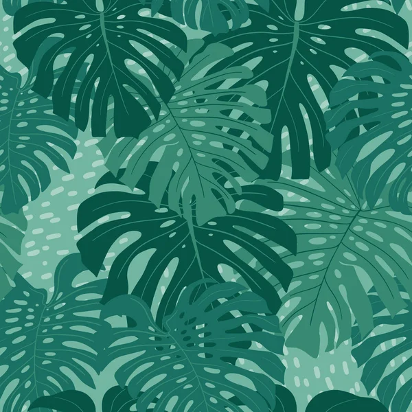 Seamless Pattern Emerald Green Monstera Palm Leaves — Stock Vector