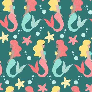 Renkli denizkızları ve mavi arka planda yıldız balıkları olan çocuksu, pürüzsüz bir desen.