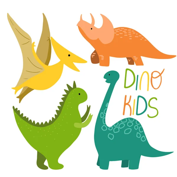 Conjunto Diferentes Dinossauros Coloridos Desenho Mão Infantil — Vetor de Stock