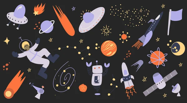 Gran Conjunto Clipart Temático Espacial Con Astronauta Cohetes Ovni Estrellas — Archivo Imágenes Vectoriales