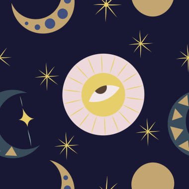 Gece gökyüzünün kusursuz deseni mistik aylarla ve kristal küreyle