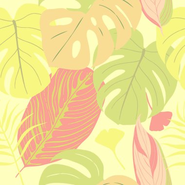 Yaz sulu renklerinde egzotik yaprakları olan kusursuz bir desen.