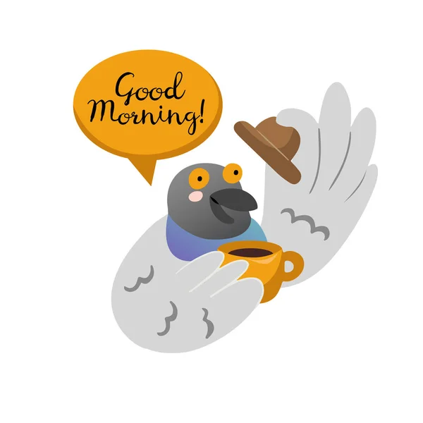 Mignon Pigeon Dessiné Main Dans Chapeau Tenant Une Tasse Café — Image vectorielle