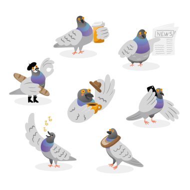 Bir grup el çizimi şehir güvercini tırmanıyor, insan gibi davranıyorlar, kahve içip telefonda konuşuyorlar. İzole vektör illüstrasyonu
