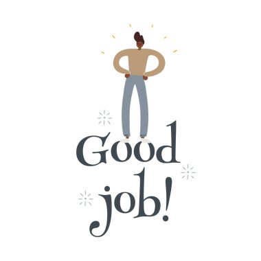 El çizimi karalama tarzı insan. Yazılı bir kağıdın kenarlarında gururla durmak. İyi iş. Başarı kavramı ve iş başarıyla tamamlandı. İzole vektör illüstrasyonu