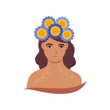 Saçında çiçekler olan tatlı bir kız, düz stil vektör çizimi.