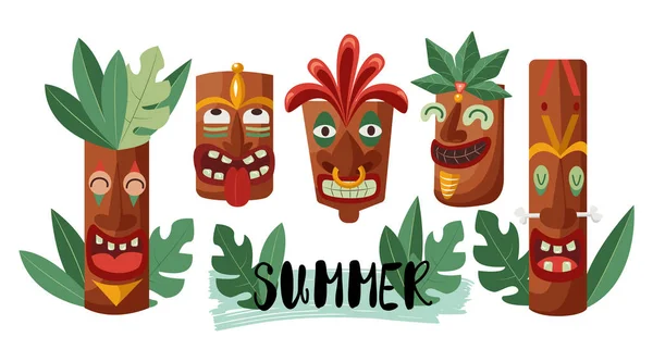 Happy Tiki Totem Set Tradiční Dřevěná Maska Izolovaná Vektorová Ilustrace — Stockový vektor