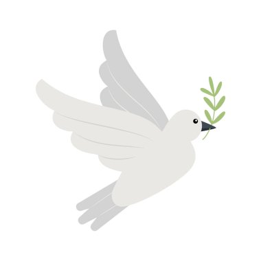 White dove flying with olive branch in beak. Hand drawn vector illustration in flat style