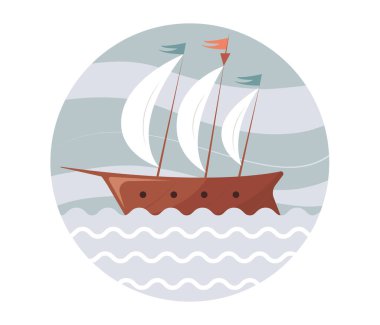 El çizimi şirin firkateyn gemisi daire simgesi, düz şekilde izole edilmiş vektör çizimi