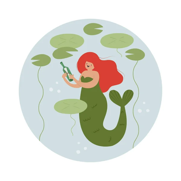 Cute Little Mermaid Hand Drawn Cartoon Style Holding Bottle Message — Wektor stockowy