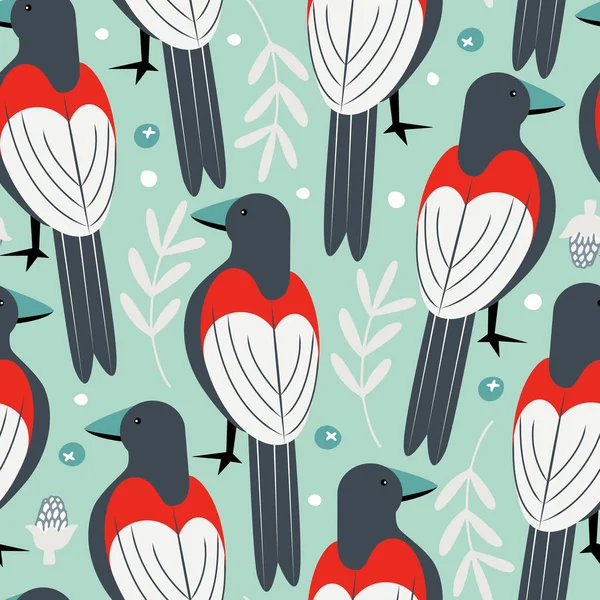 Hand drawn vector seamless pattern with bullfinch birds