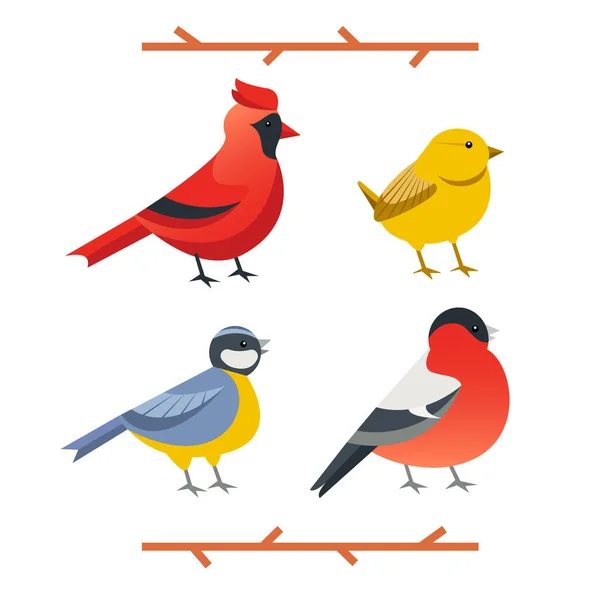 Ensemble Quatre Oiseaux Jardin Dessinés Main Dans Style Dessin Animé — Image vectorielle