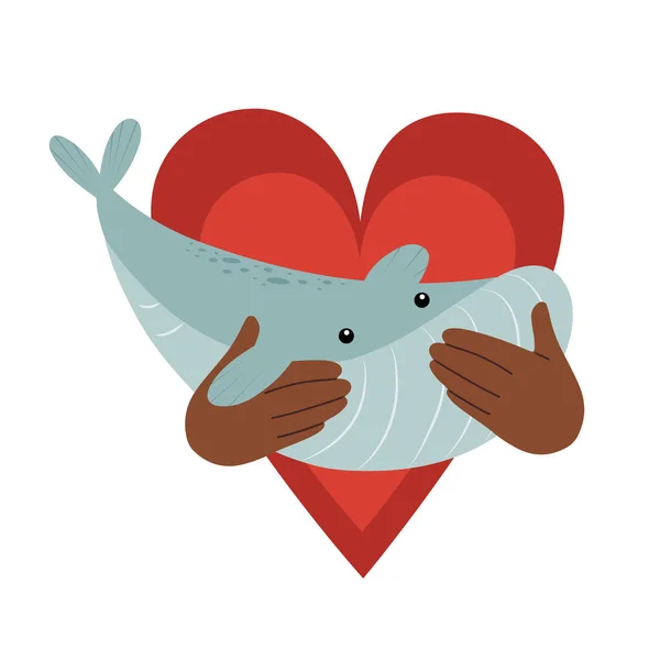 Main Attentive Dessinée Main Tenant Une Baleine Avec Fond Cardiaque — Image vectorielle