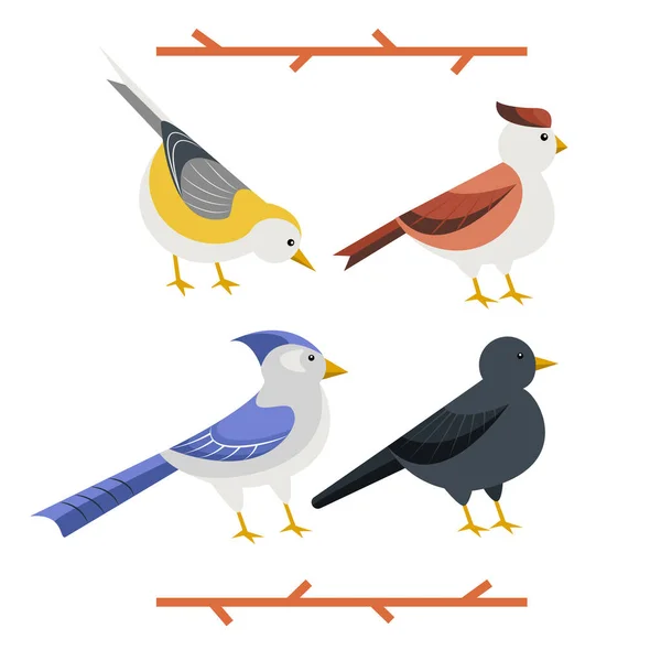 Conjunto Dibujado Mano Cuatro Pájaros Jardín Estilo Plano Dibujos Animados — Vector de stock