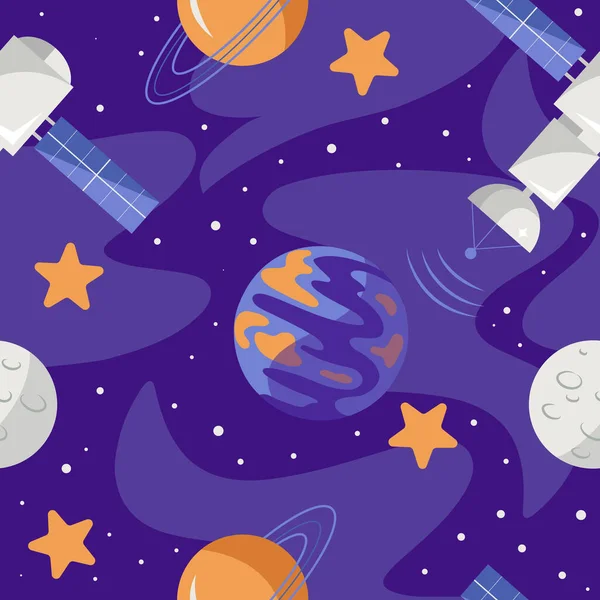 Vector Dibujado Mano Patrón Sin Costura Con Satélites Planetas Espacio — Archivo Imágenes Vectoriales