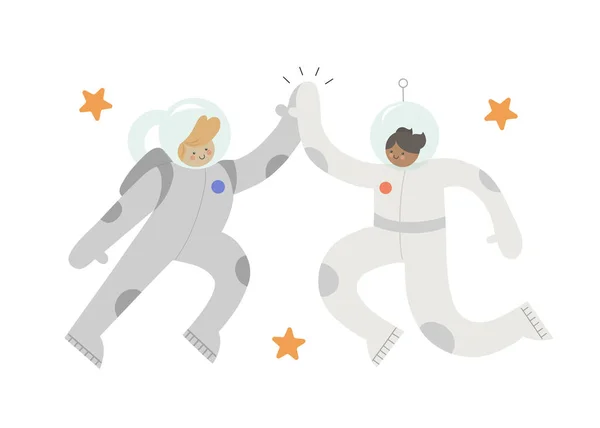 Lindos Dibujos Animados Estilo Astronauta Niños Amigos Aplaudiendo Manos Dibujado — Archivo Imágenes Vectoriales