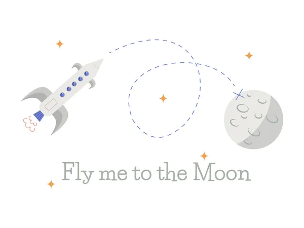 Χαριτωμένο Χέρι Ζωγραφισμένο Χώρο Εικονογράφηση Πύραυλο Και Σελήνη Κείμενο Fly — Διανυσματικό Αρχείο