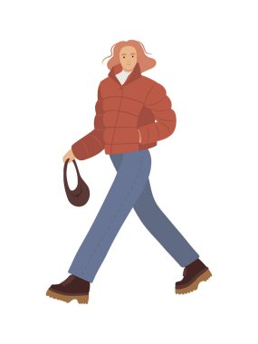 Kabarık ceket ve kot pantolonla yürüyen el çizimi genç kız, düz bir şekilde izole edilmiş vektör çizimi.