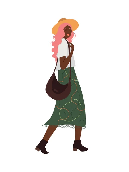 Dibujado Mano Hermosa Dama Negra Caminando Ropa Estilo Boho Ilustración — Vector de stock